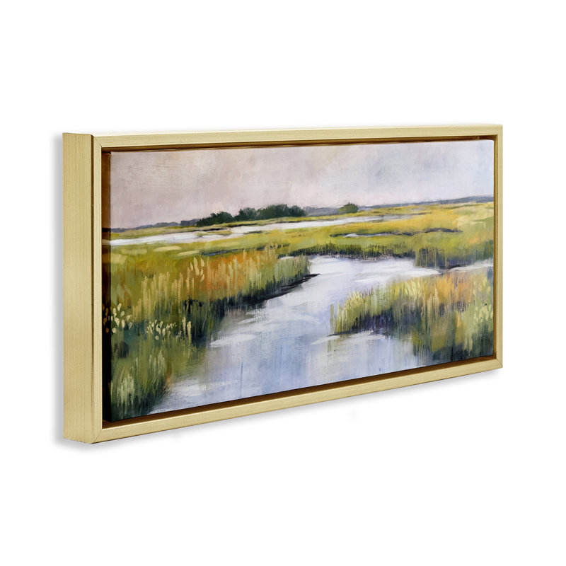 Art mural sur toile Grassy, Cadre flottant métallique doré, H 14 po x l 31 po
