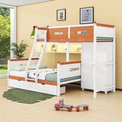 Twin Over Full Wood Bunk Bed With LED Lighting, Shelves, Built-In Wardrobe And Drawers