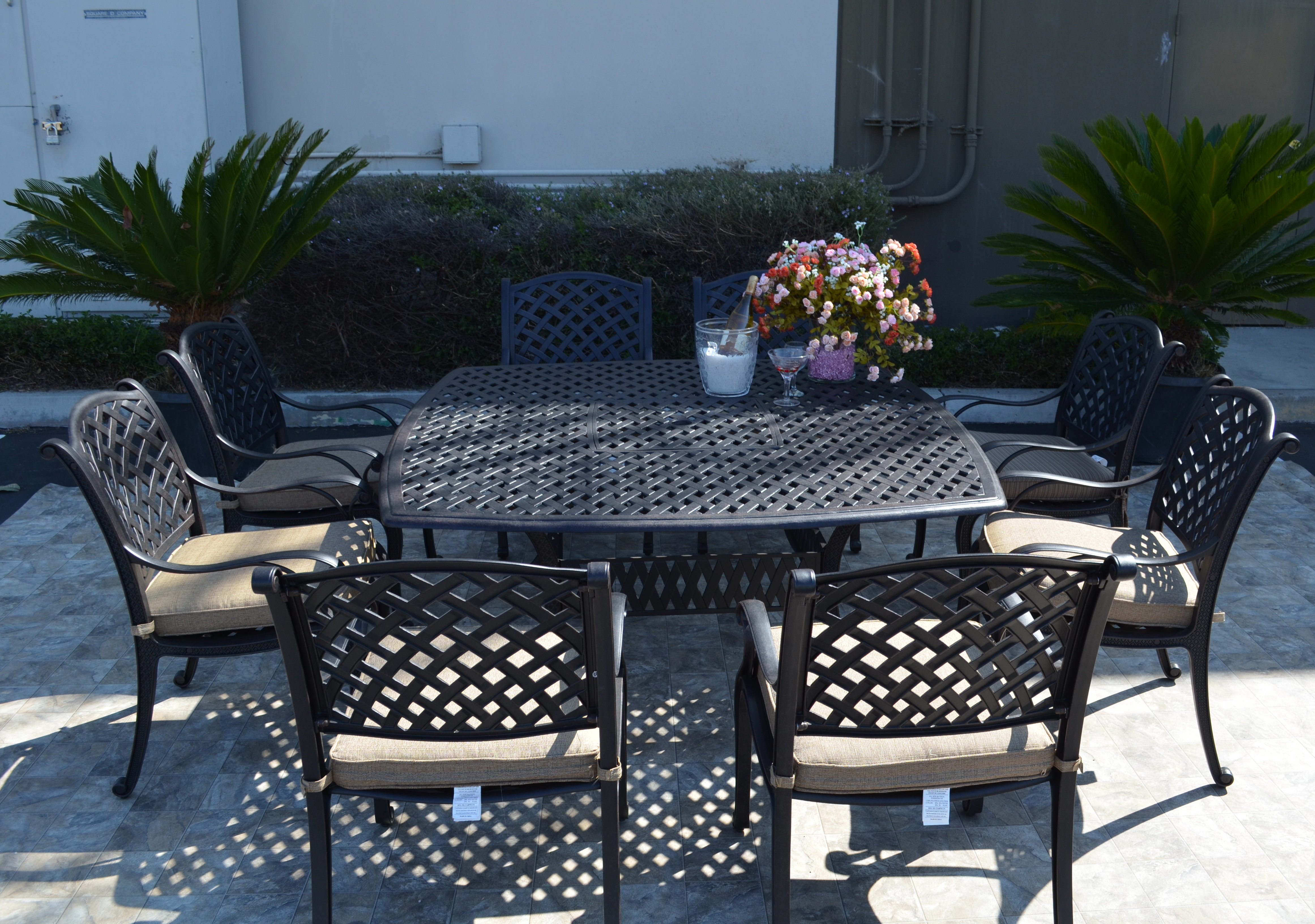 Metal Table And Chairs Square Patio Table For 6-Piece Gray Metal