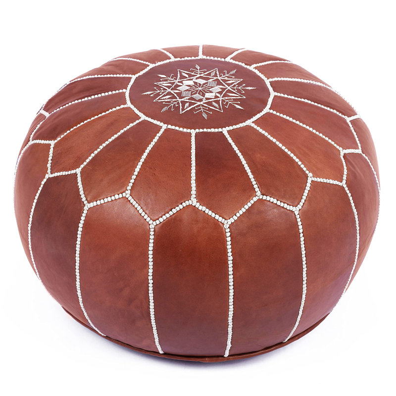 Pouf rond en cuir véritable de 20 po de largeur, Cuir marocain rouge, Rouge