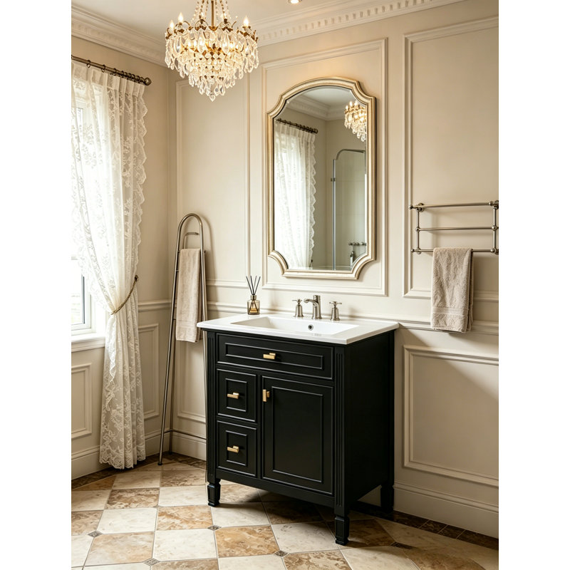 Meuble-lavabo autoportant de 24 po en MDF avec tiroir rabattable, Noir