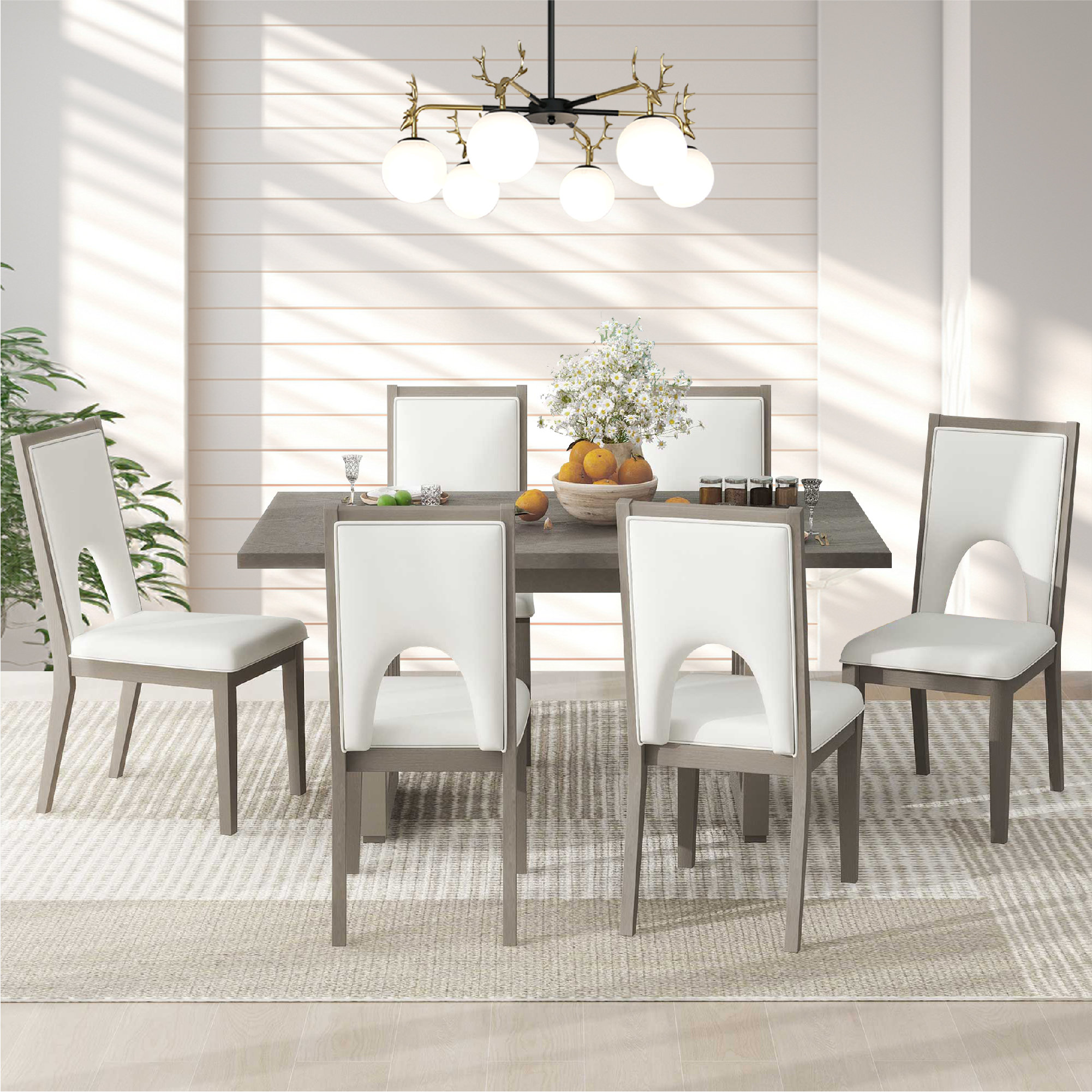 Millwood Pines Wood Dining Table Set For 6, Farmhouse Rectangular Dining Table And 6 Upholstered ...