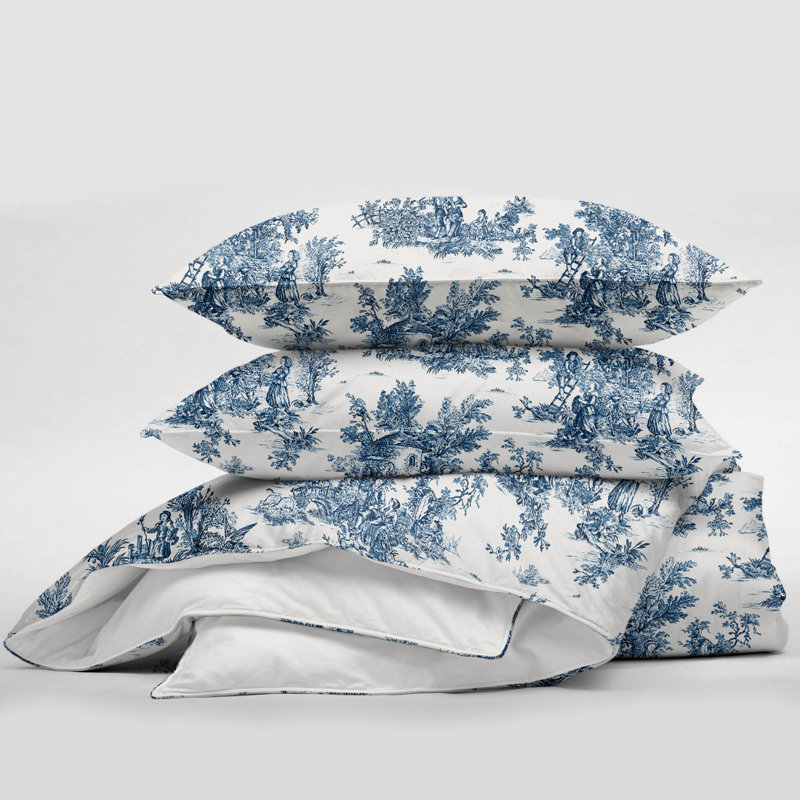 Toile De Jouy Standard Cotton Duvet Cover Set, Super King Duvet Cover + 2 Shams, Blue
