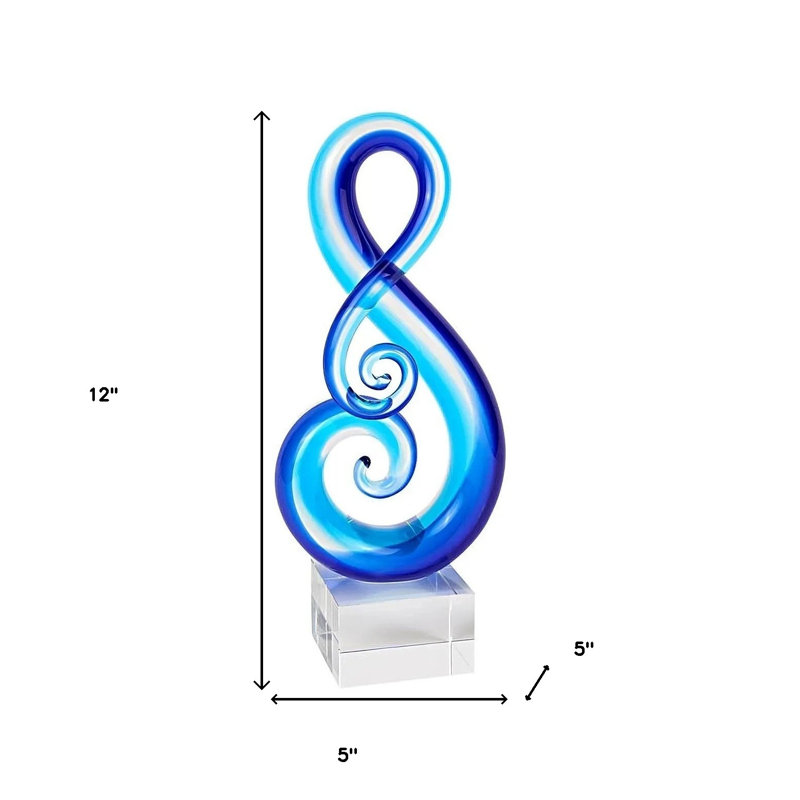 Aanijah 12" Murano Glass Modern Abstract Tabletop Sculpture, 12" H x 5" W x 5" D, Clear/Blue