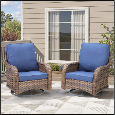 Patio Wicker Rocking Swivel Glider Rocker Cushioned Chairs Set of 2 for Porch Balcony Backyard, Blue