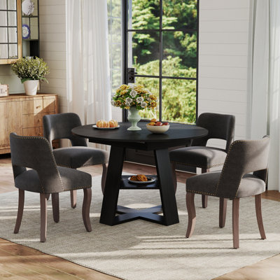Table de salle à manger extensible ronde pour 4 à 6 personnes, table de salle à manger de style campagnard avec tablette de rangement et chaises de salle à manger rembourrées en tissu