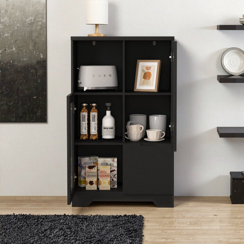 Modern Black Buffet Cabinet with Glass Doors, Drawer & Open Storage - MDF Wood for Living Room or Bedroom, Black