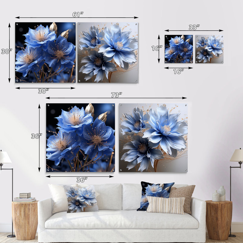 «Dreamy Blue Cornflowers Emotion» - ensemble de 2 verres muraux en acrylique, H 16 po x l 33 po