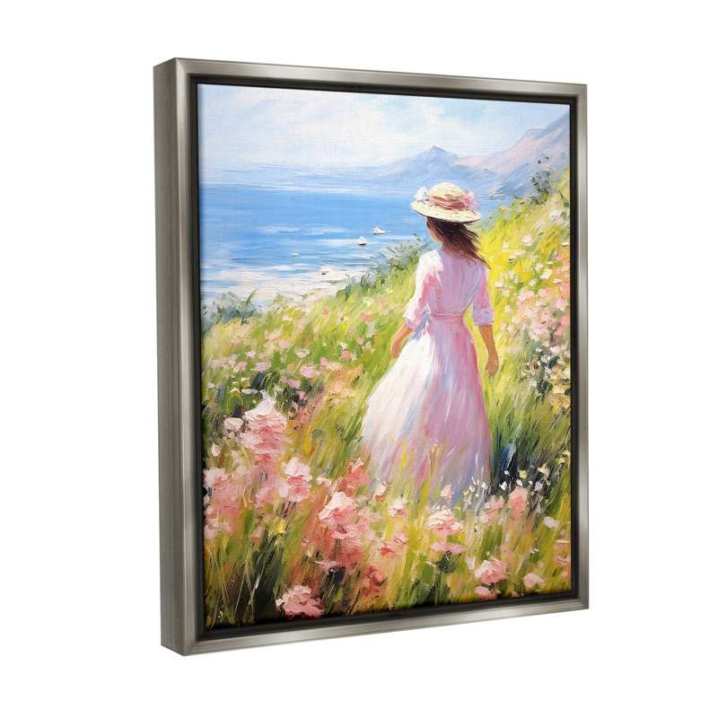 «Woman & Scenic Beach Floater Frame» par RB sur, Cadre flottant gris lustré, H 21 po x l 17 po