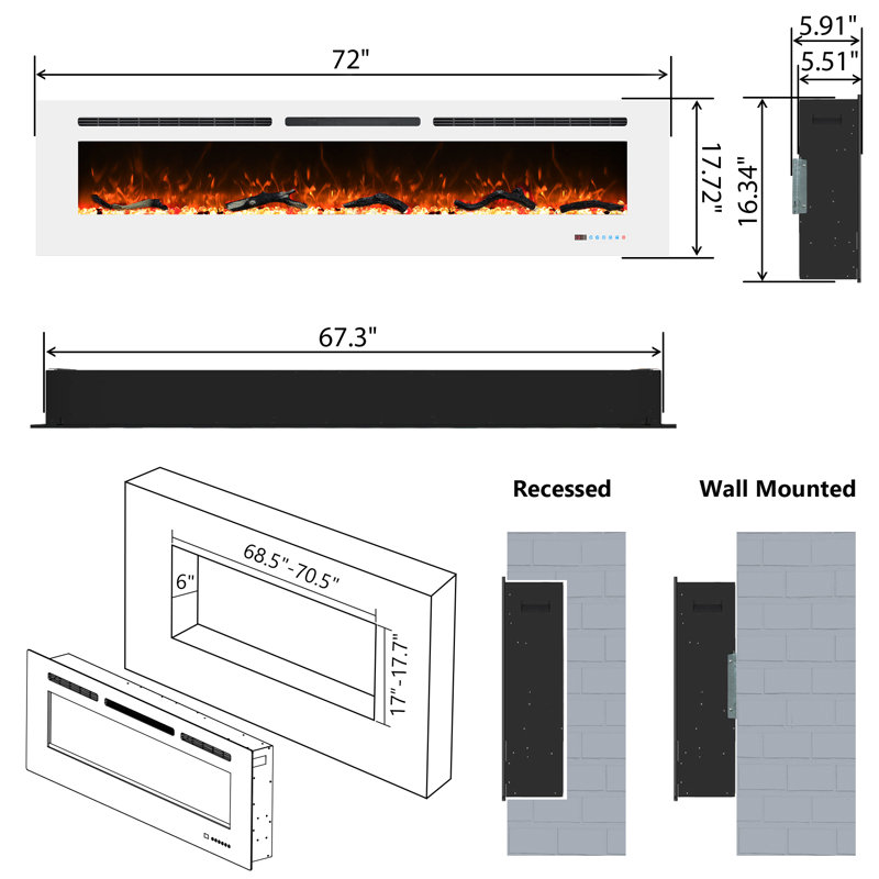 Ballari Electric Fireplace Insert with 5120 BTU, White, 17.7" H x 72" W x 5.9" D