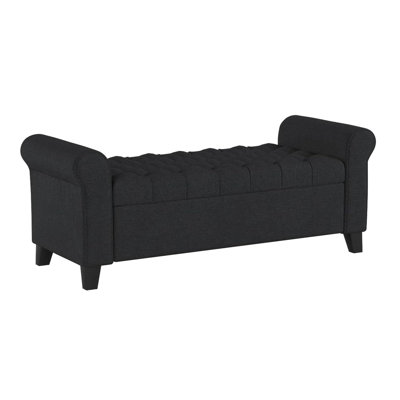 Banc en tissu gris foncé avec motif captivant et accoudoirs roulés, couvercle de rangement moderne de 19,5 po de couleur élégante