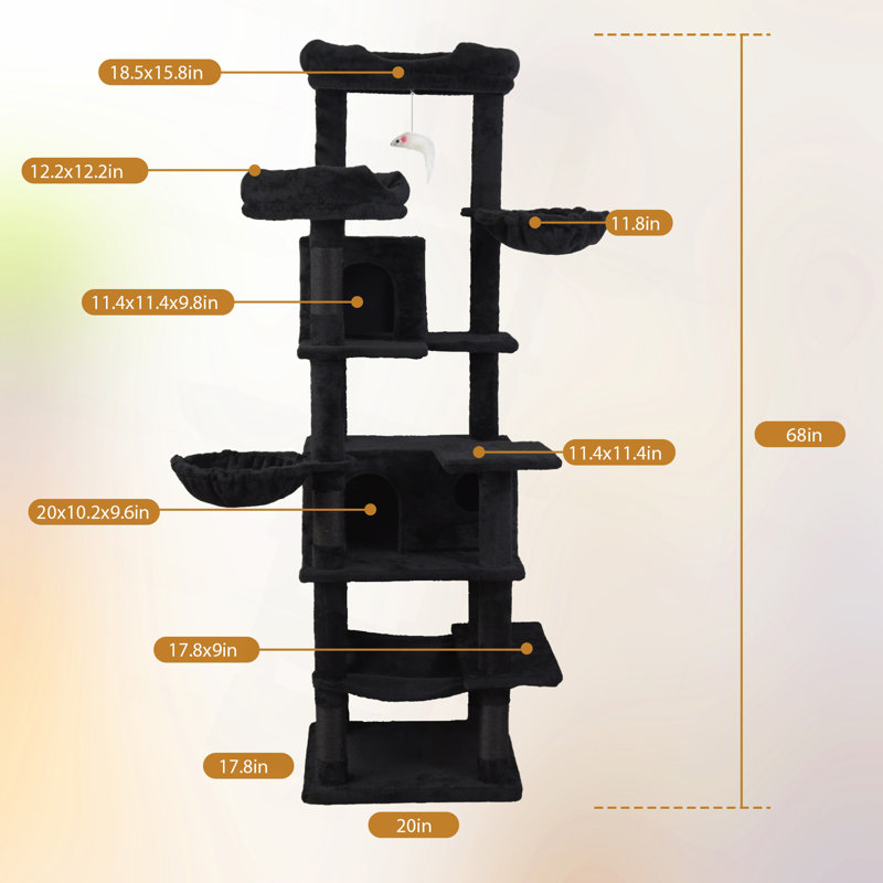 Arbre à chat de 68 po de hauteur à plusieurs niveaux avec hamacs, panier suspendu, grotte pour chat, coussin amovible, poteaux à griffer - tour de chat en peluche pour chats d'intérieur, parfait pour plusieurs chats - noir