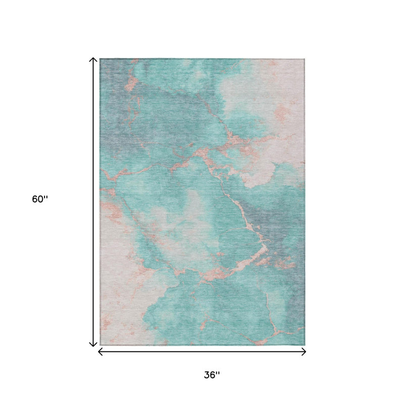 Tapis extérieur lavable abstrait bleu sarcelle pêche / ivoire 3 pi x 5 pi