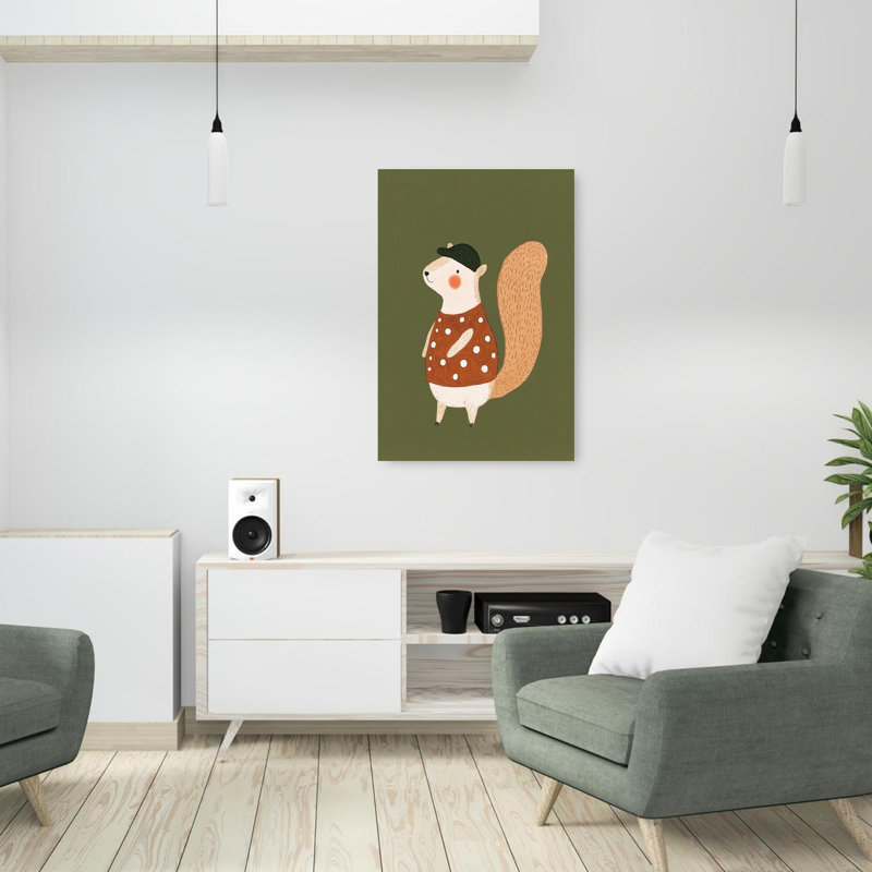 Happy Squirrel In Cap Modern Playful Whimsical Squirrel Forest Landscape Wall Art Print 1 Piece Wrapped Canvas Wall Art
