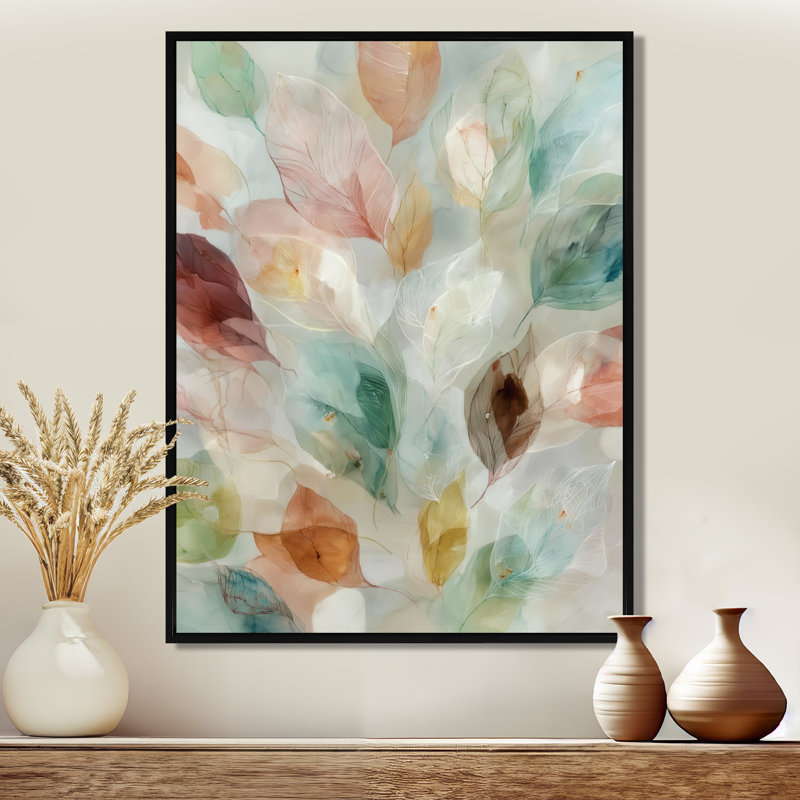 «Soft Leaves In Hazy Watercolor - Plants», impression sur toile botanique verte, H 44 po x l 34 po, Cadre flottant, Noir