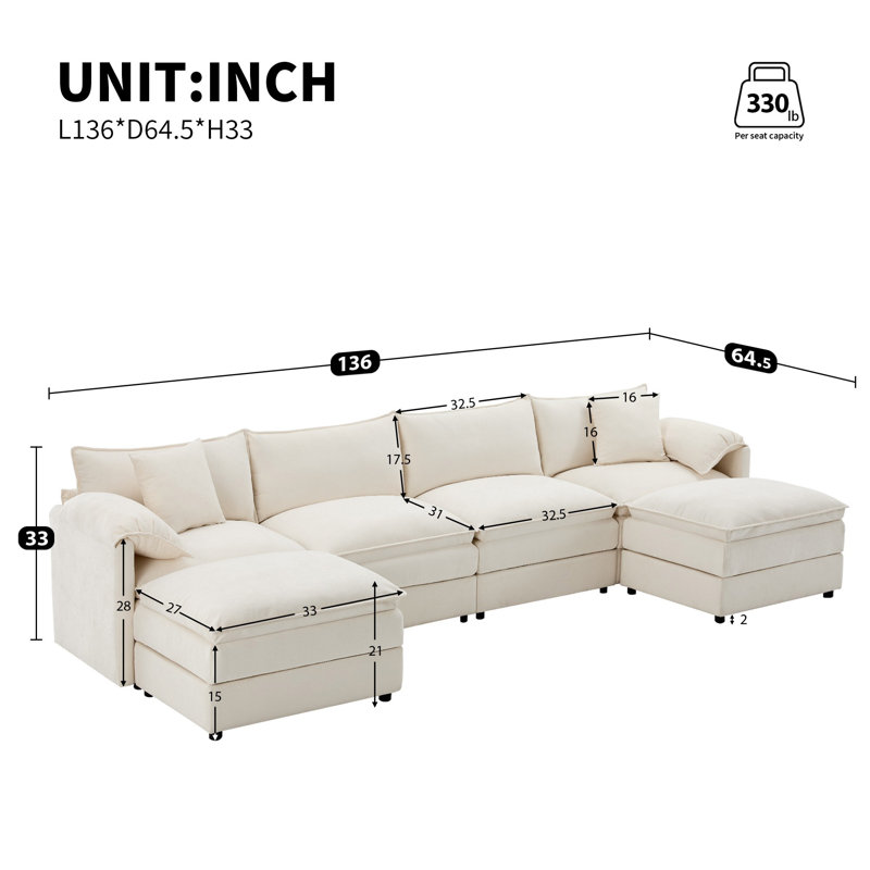 Canapé-lit modulaire 6 pièces pour salon, Chenille crème