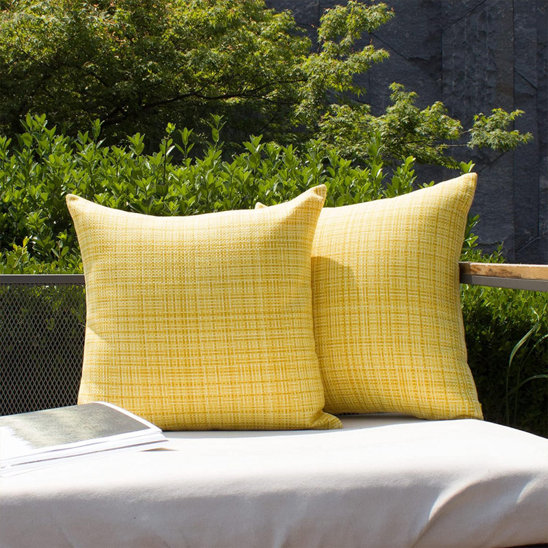 Yellow Set Of 2 Waterproof Textured Woven Throw Pillow covers AND inserts– Outdoor & Indoor 18"x18", Square 18", Polyester