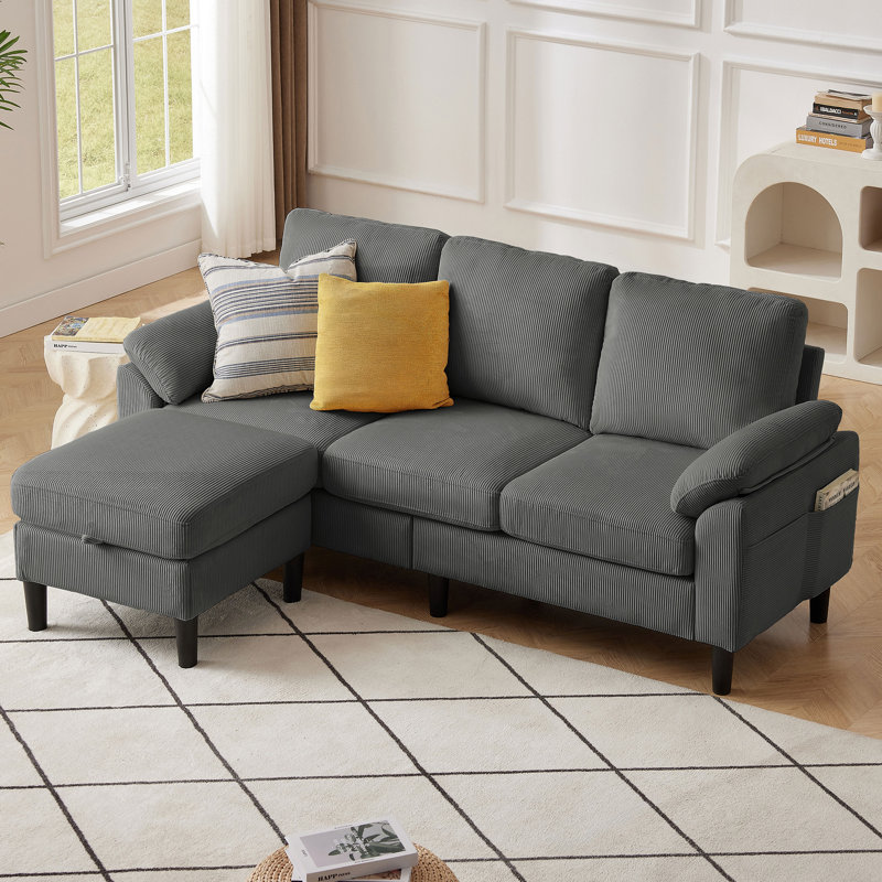 Darlyene Corduroy  79.32" Wide Reversible Sofa & Chaise with Ottoman, Dark Gray Polyester Blend