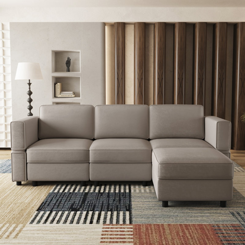 Canapé modulaire en L avec repose-pieds mobile, Velours gris velours, H 33,9 po x l 88,6 po x P 57,1 po 