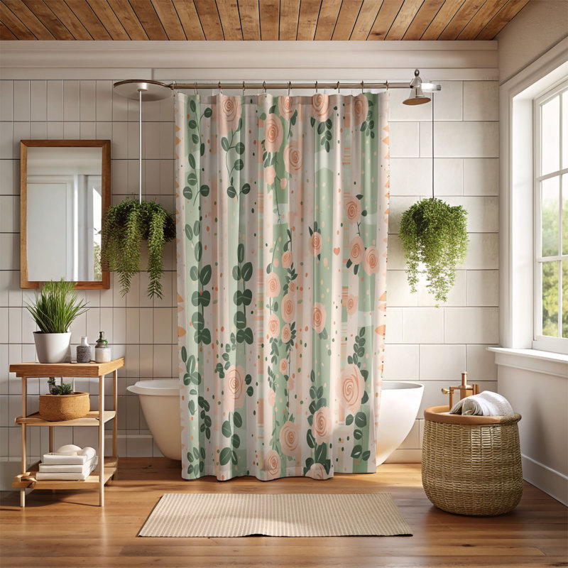 Rideau de douche 1 pièce Light Blossom Stripes, H 74 po x l 71 po, Green