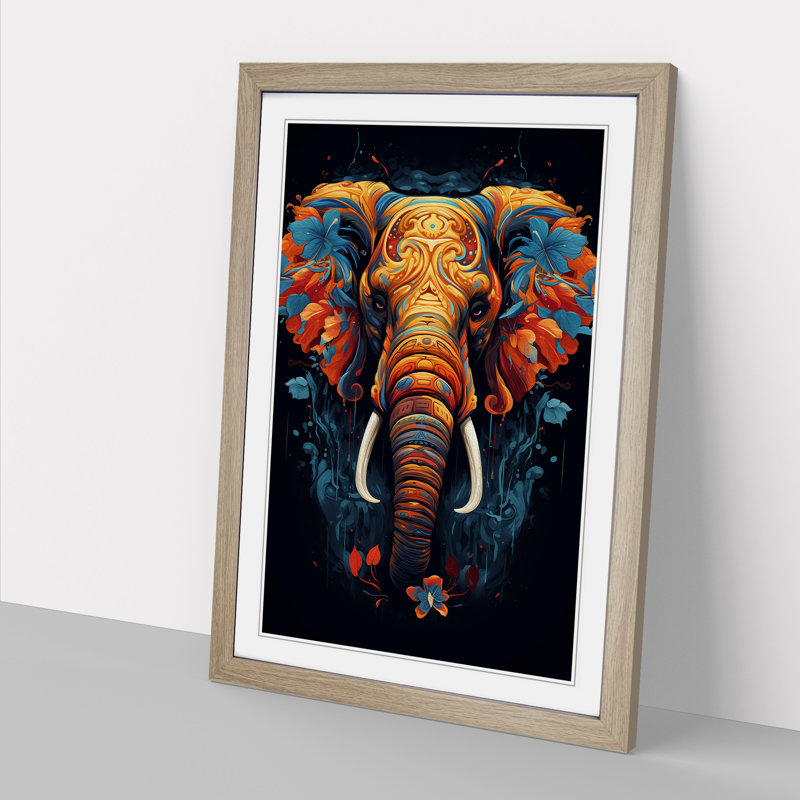 XYZ-FRM-V1223-629 Elephant Informel No.2 - Single Picture Frame Print on Wood, Oak, 34cm H x 25cm W x 2cm D