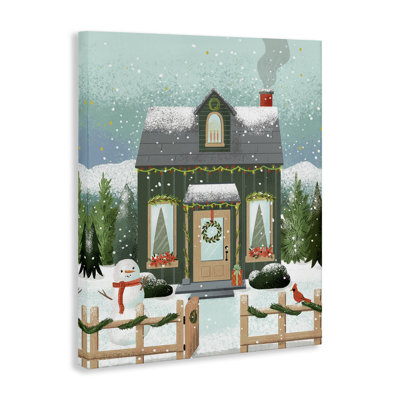 Art sur toile Cozy Winter Cottage & Snowman, design par Loni Harris