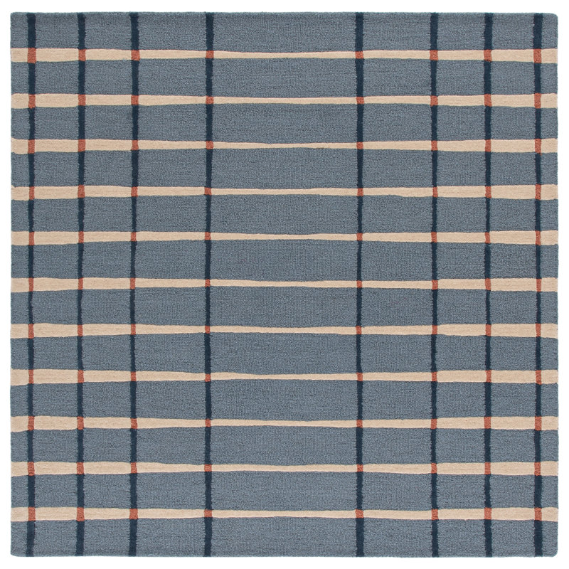 Tapis rayé bleu / ivoire en laine et coton touffeté à la main Zoticus, Carré 6 po