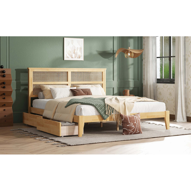 King Size Bed With Rattan Headboard and Two Storage Drawers, Bed with Enhanced Support Slats and Feet