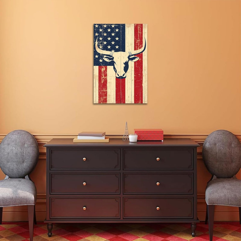 «Longhorn Cow», art patriotique sur toile, drapeau occidental rétro de 18 po x 24 po