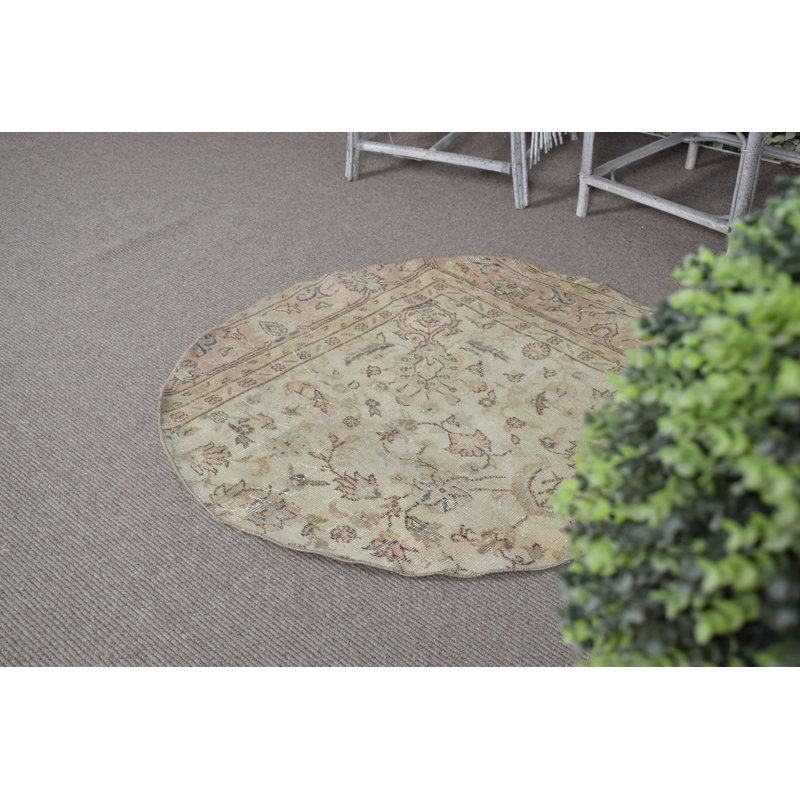 Vintage Beige Turkish Oushak Rug: Antique Small Round Rug Perfect for Entryways or Gifts