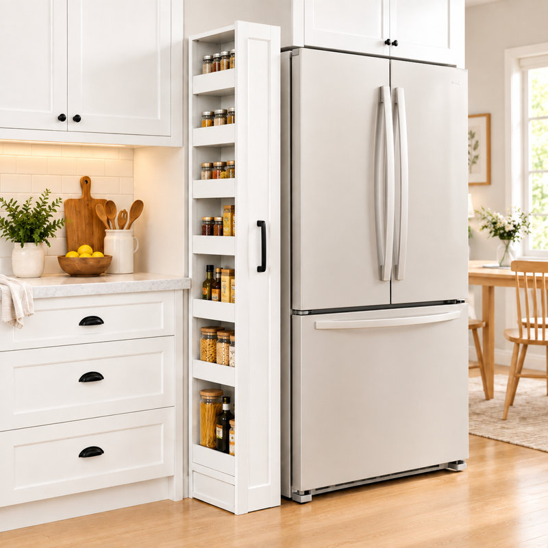Armoire de rangement coulissante à 7 niveaux avec rangement pour garde-manger étroit, Blanc