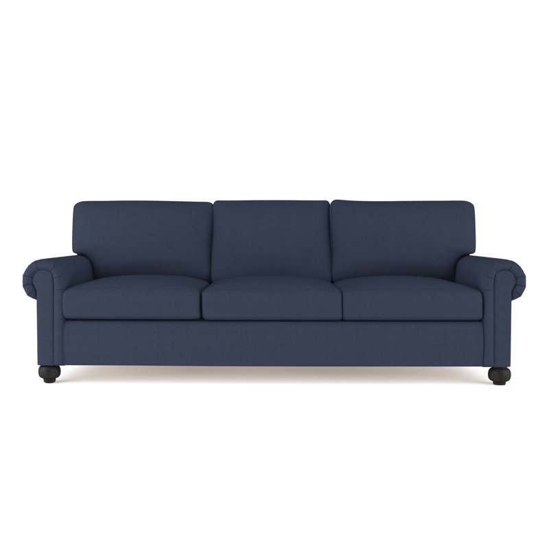 Canapé Leroy, Lin à tissage carré imprimé bleu, H 36 po x l 84 po x P 49 po, Ébène