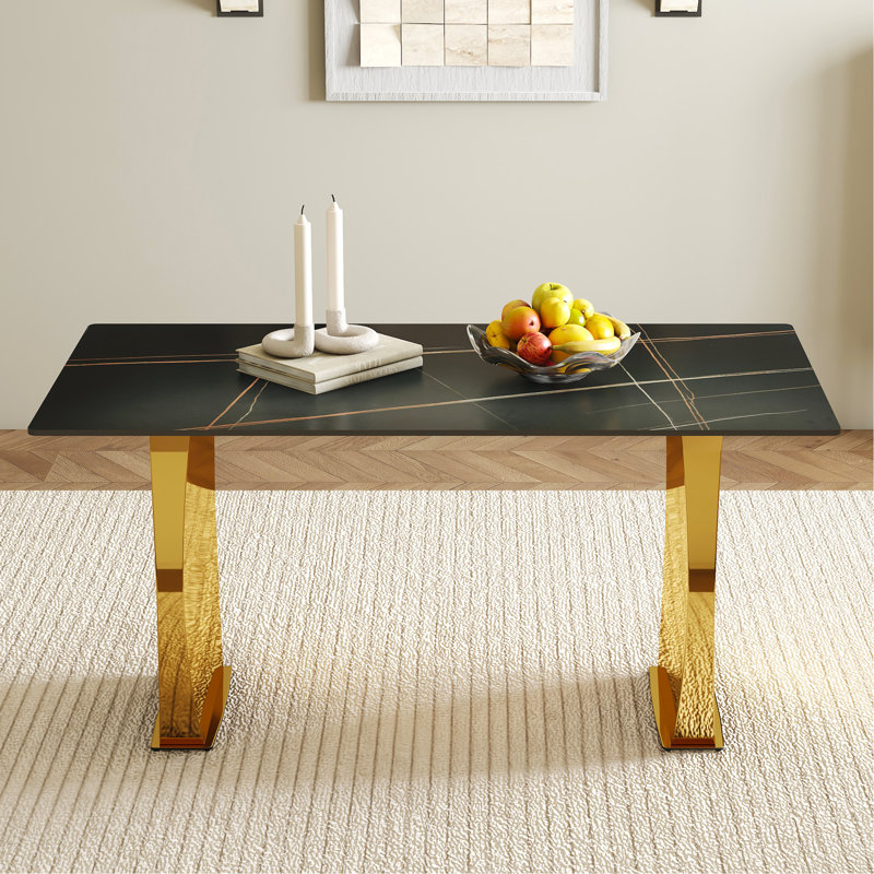 Modern Rectangular Table With 0.4 Inch Black Patterned Tabletop And Gold Legs