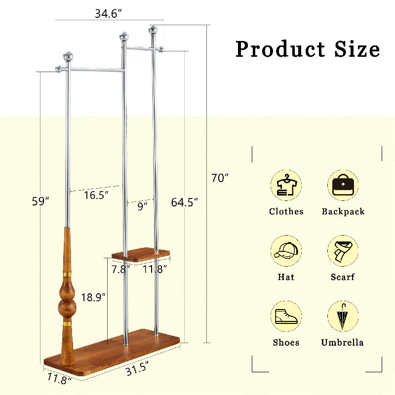  Double-Layer Coat Rack with Antique Wood Veneer and Metal Stand, 70”H x 34.6”W, Multi-Functional Storage, Silver, Silver