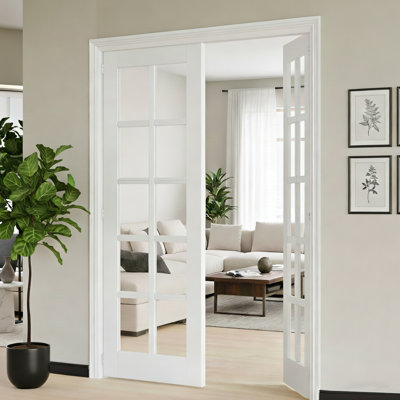Portes intérieures intérieures en verre double avec 10 panneaux transparents - Porte de garde-manger en MDF de style pré-suspendu avec cadre