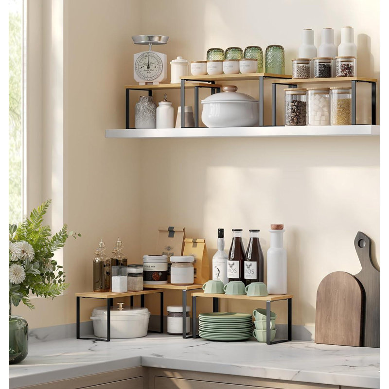 Cabinet Organizer Shelf, Set Of 3 Kitchen Counter Shelves, Kitchen Storage, Spice Rack, Stackable, Expandable, Black/Natural