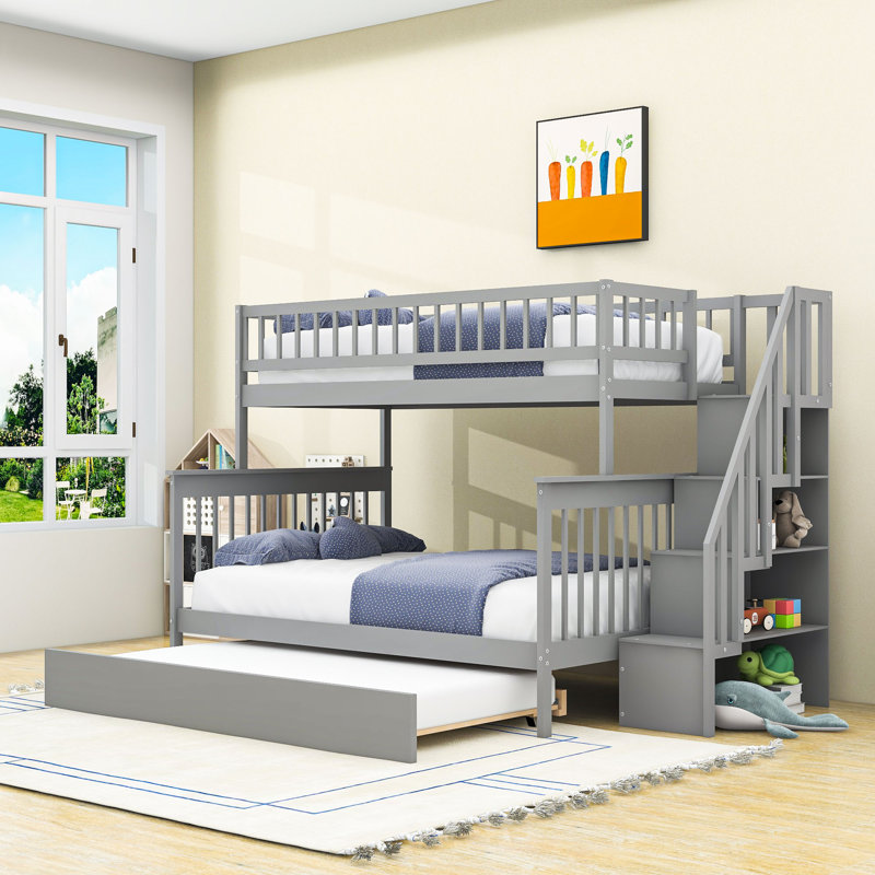 Wood Twin Over Full Bunk Bed With Twin Trundle, Storage Staircase And Guardrails, Gray