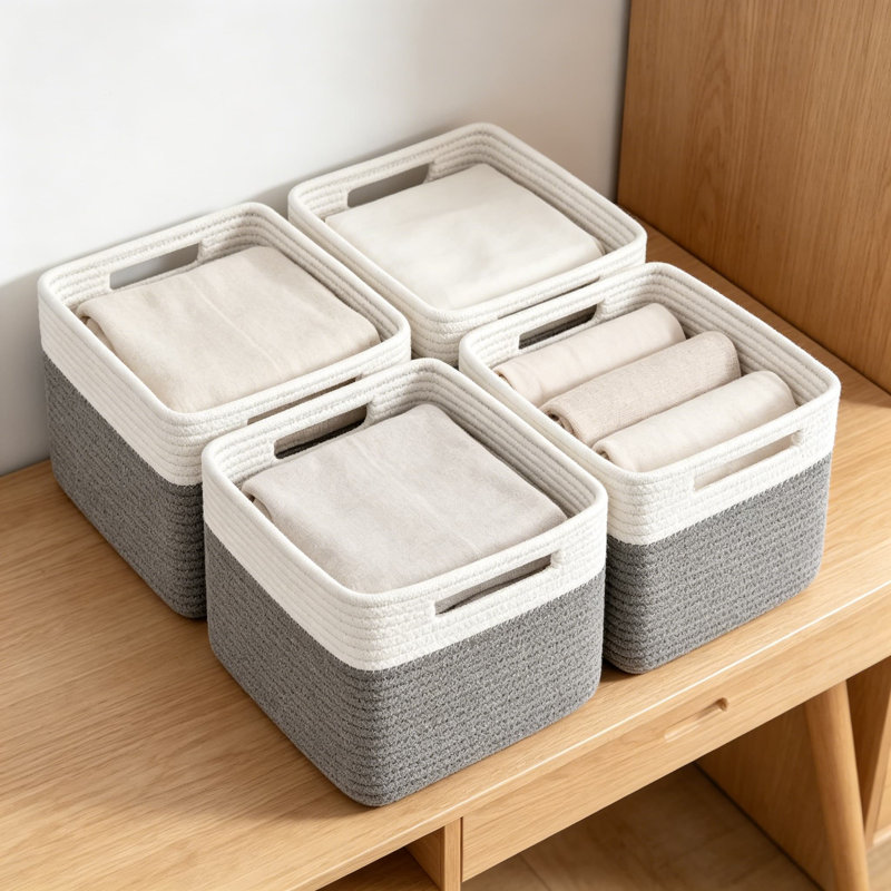 Cotton Rope Storage Baskets With Handles, 4-Pack Woven Organizing Bins For Shelves, Decorative And Versatile Home Storage Solutions