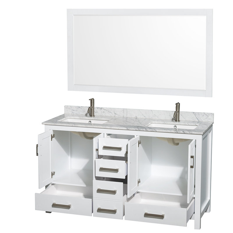Meuble-lavabo double autoportant 60 po avec plateau en marbre Sheffield, Blanc