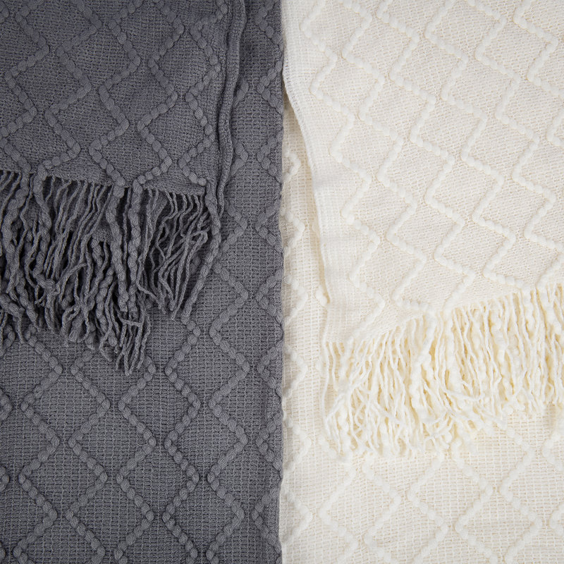 Cozy Ivory Textured Diamond Knitted Throw 50" x 60"