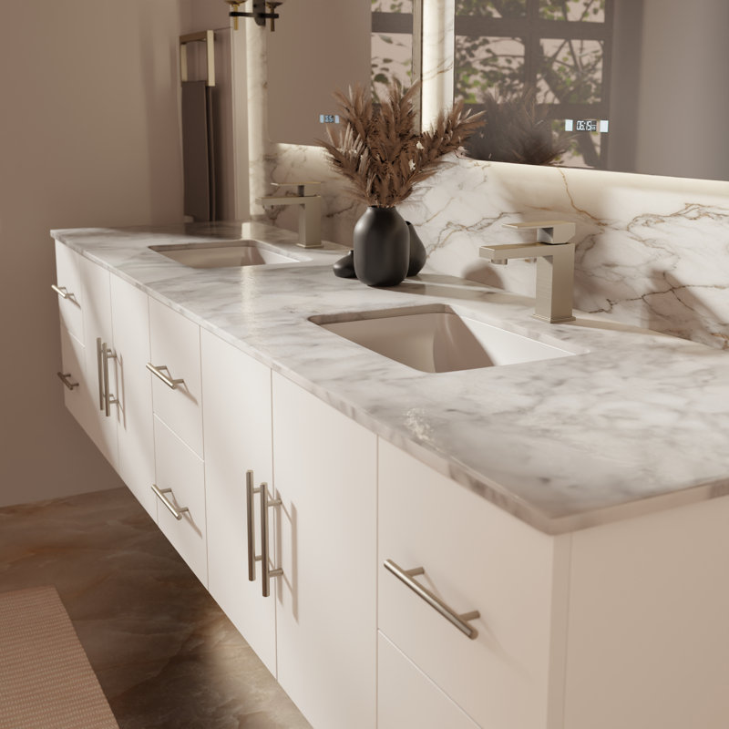 Ensemble de meuble-lavabo double mural 84 "avec miroir Geneva, Blanc lustré, Marbre de Carrare blanc