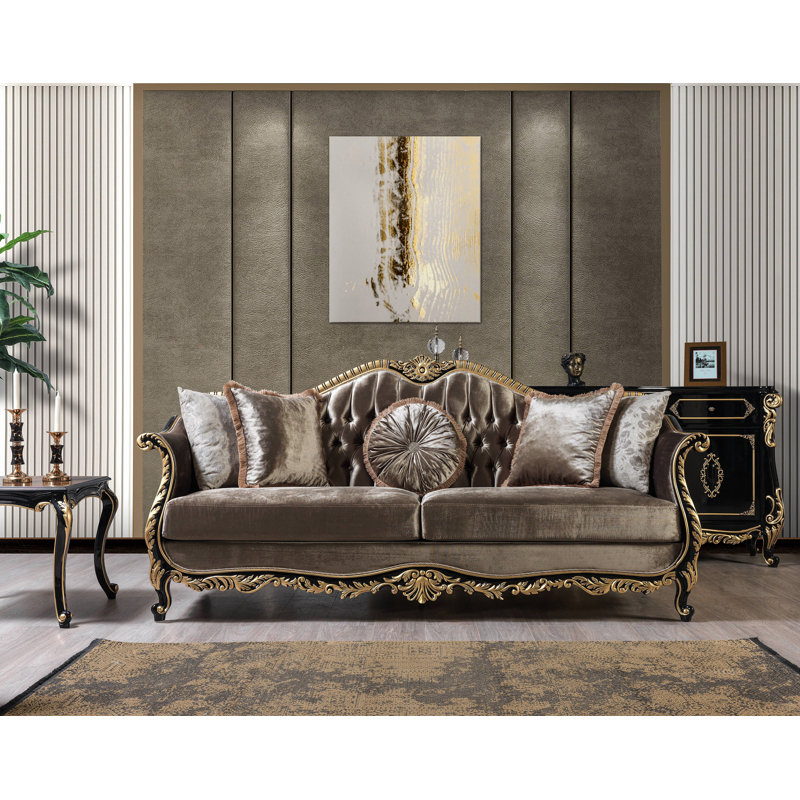 Haben Button Tufted Sofa with 5 Pillows in Light Green, Gold and Black High Gloss