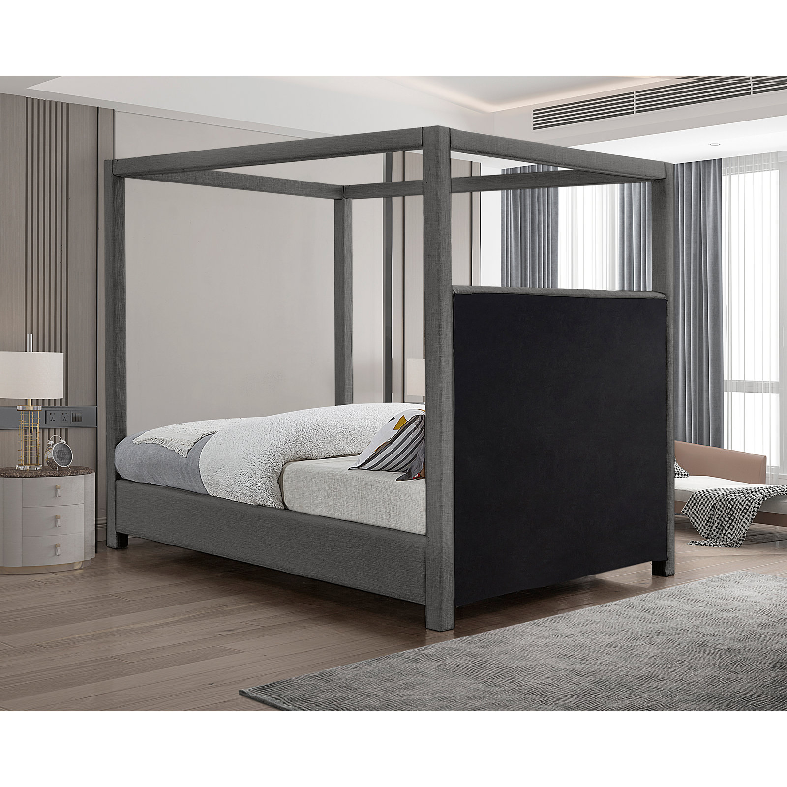 Mistaya Upholstered Canopy Bed, King, Grey Linen