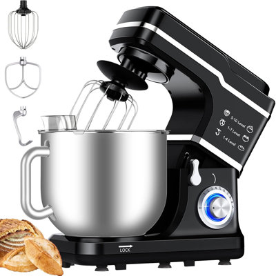 Mélangeur sur socle, mélangeur de nourriture électrique à tête inclinable 10 vitesses 7,5 QT 660W, mélangeur de cuisine 3-en-1 avec bol en acier inoxydable et lumière DEL, mélangeur de pâte pour la cuisson à domicile, noir
