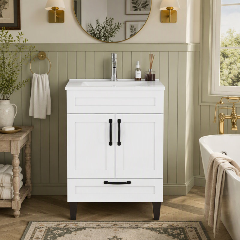 Meuble-lavabo moderne avec lavabo, 2 portes, 1 grand tiroir, charnières à fermeture douce, poignée en métal et pattes pour un montage facile
