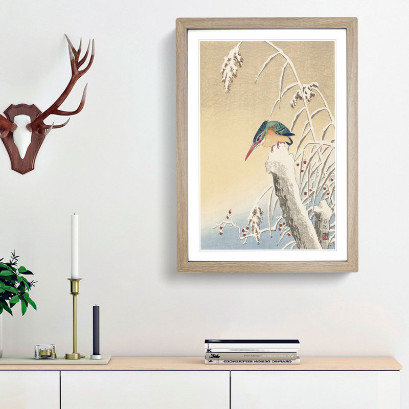 Kingfisher in the Snow by Ohara Koson - Picture Frame Art Print, 48cm H x 36cm W x 2cm D, Oak Framed