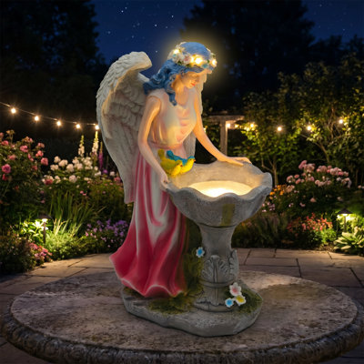 Solar Lighted Angel Birdbath Statue, Resin Outdoor Garden Decor with LED Flower Crown