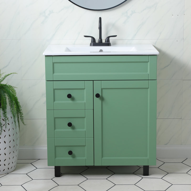 30" Modern Free-Standing Single Bathroom Vanity With Ceramic Top, Black, Green