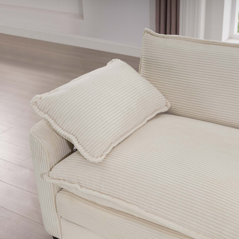 Canapé modulaire Mid-Century 3 places - Canapé en velours côtelé avec coussins, Beige