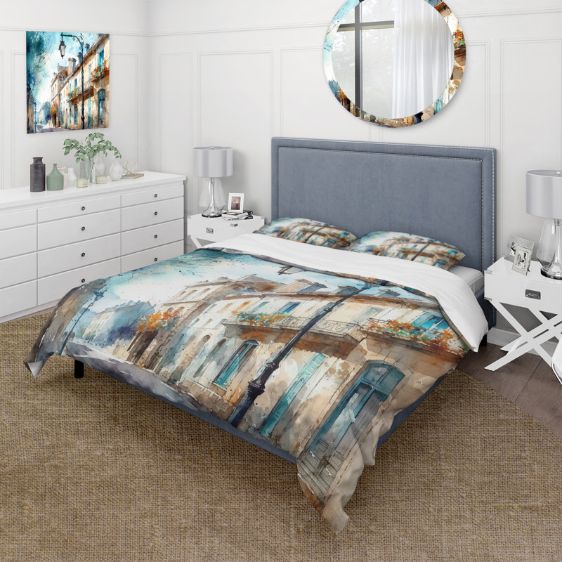 Ensemble de housse de couette bleu et beige French Small Town - City Art Deco
